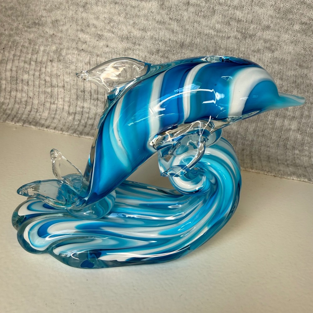 VTG Beachcombers Blue White Swirl Art Glass Dolphin on Wave Figurine Sculpture - Picture 2 of 7